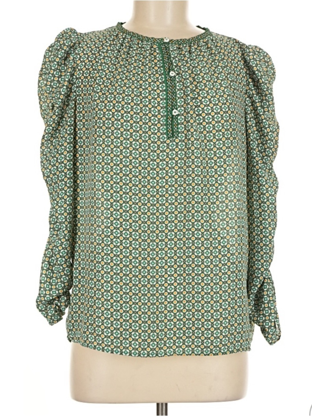 Max Studio Green Geometric Print Ruched Sleeve Button Blouse Women's M